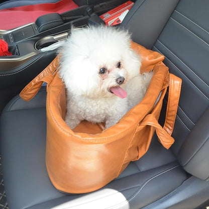 2 and 1 Center Console Dog Car Seat &amp; Carrier for Small Dogs, Large Leather Dog Car Bed with Storage Pocket, Waterproof PVC Leather Seat Travel Bed for Front &amp; Back Seat, Clip-On Safety Leash