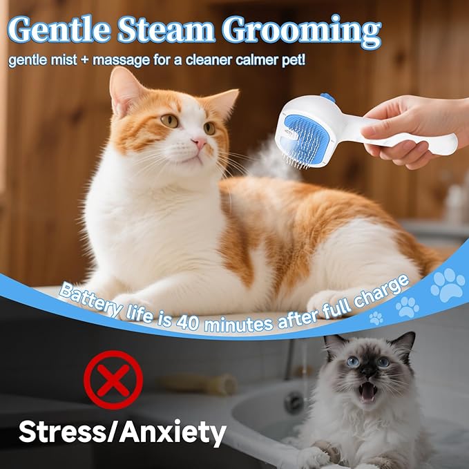 Pet Steam Brush for Dog &amp; Cat - 3-in-1 Steam Grooming Brush for Shedding &amp; Hair Removal - Self Cleaning Spray Comb with Mist for Long Haired Pets - Includes 2*Waterless Shampoo, Blue