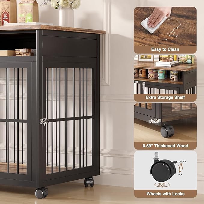 39.4" Dog Crate Furniture for Medium and Large Breed, Dog Kennel Furniture with Storage Shelf &amp; Lockable Wheels, Heavy Duty Wooden End Side Table Pet Cage Indoor, Chew-Resistant, Brown