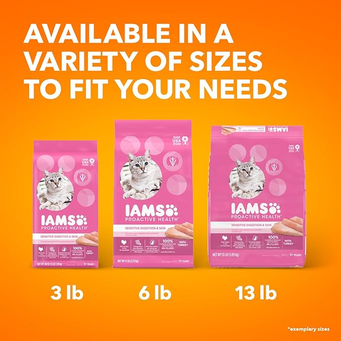 IAMS Proactive Health Adult Sensitive Digestion &amp; Skin Dry Cat Food with Turkey, 6 lb. Bag