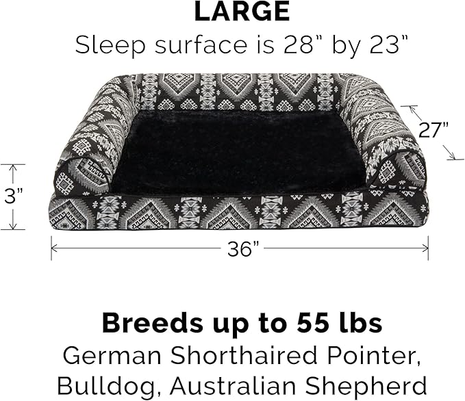 Furhaven Orthopedic Dog Bed for Large/Medium Dogs w/ Removable Bolsters &amp; Washable Cover, For Dogs Up to 55 lbs - Plush &amp; Southwest Kilim Woven Decor Sofa - Black Medallion, Large