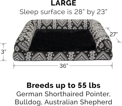 Furhaven Orthopedic Dog Bed for Large/Medium Dogs w/ Removable Bolsters &amp; Washable Cover, For Dogs Up to 55 lbs - Plush &amp; Southwest Kilim Woven Decor Sofa - Black Medallion, Large