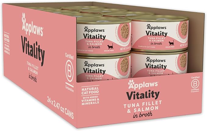Applaws Vitality Wet Cat Food in Broth, Natural Canned Cat Food, Wet Food for Cats with Added Vitamins and Minerals, Grain and Carrageenan Free, Tuna Fillet &amp; Salmon in Broth (24 Count, 2.47 oz Cans)