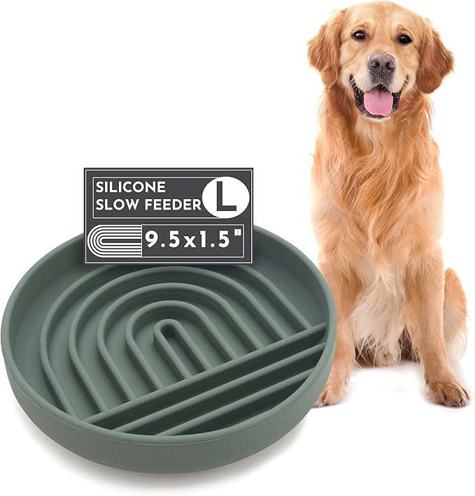 The Slowdown Bowl Silicone Slow Feeder for Dogs &amp; Puppies, Slow Eating, Modern Lick Mat Design, Reduces Gulping, Fits 2.5 Cups 9.5” Across x 1.5” Tall, Mealtime Challenge, Large-Spruce