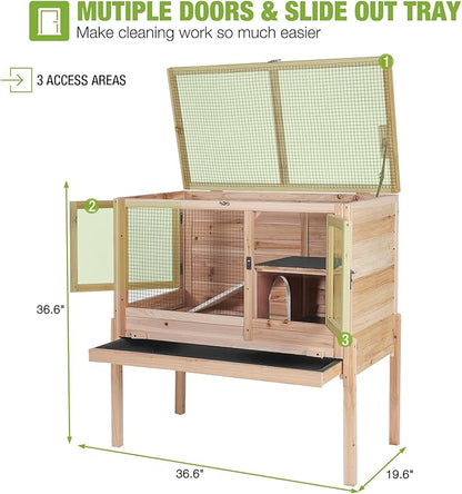 GUTINNEEN Rabbit Hutch Indoor Guinea Pig Cage Bunny House 36.6" Upgraded with Anti Chewing Edges, Cool Zinc Sheet, Leakproof PVC Layer, Wire Floor, Detachable Legs (Nature)