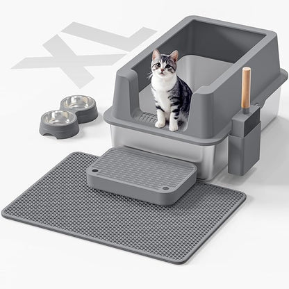 Stainless Steel Cat Litter Box - Enclosed XL Metal Kitty Litter Box with Lid for Big Cats, High Sided, Anti-Leakage, Easy Cleaning, Non-Sticky, Included Litter Mat, Cat Bowl &amp; Spoon