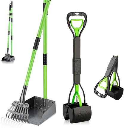 MXF Dog Pooer Scooper Set, 2 in 1 Pet Poop Scooper with Long Handle 28" Dog Poop Picker Upper and Stainless Metal Tray &amp; Rake for Medium &amp; Small Dogs, Heavy Duty for Grass, Dirt, Gravel
