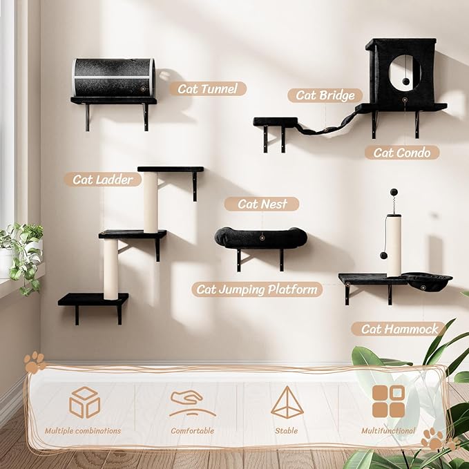 NUNU LAB Wall Mounted Cat Furniture, 7 Pcs Cat Wall Shelves with House, Tunnel, Bridge, Steps, Scratcher, Hammock, Bed, Indoor Safe &amp; Stable Furniture for Kittens Play, Black