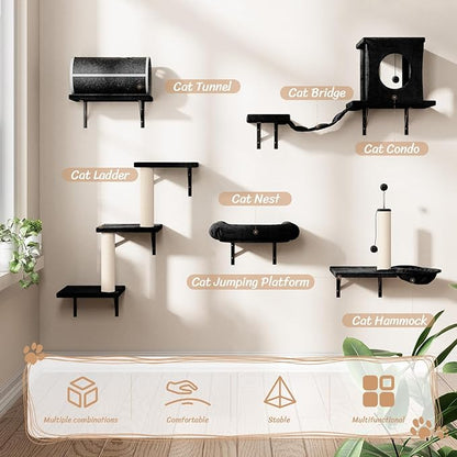 NUNU LAB Wall Mounted Cat Furniture, 7 Pcs Cat Wall Shelves with House, Tunnel, Bridge, Steps, Scratcher, Hammock, Bed, Indoor Safe &amp; Stable Furniture for Kittens Play, Black