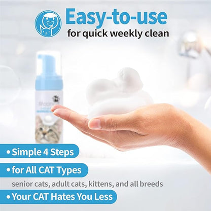 Mooncat Waterless Shampoo &amp; Brush Kit for Longhair Cats | Complete Grooming System for Detangling, Deshedding &amp; Matted Fur | Licking Safe No-Rinse Foam with Gentle Silicone Massager - Made in Taiwan