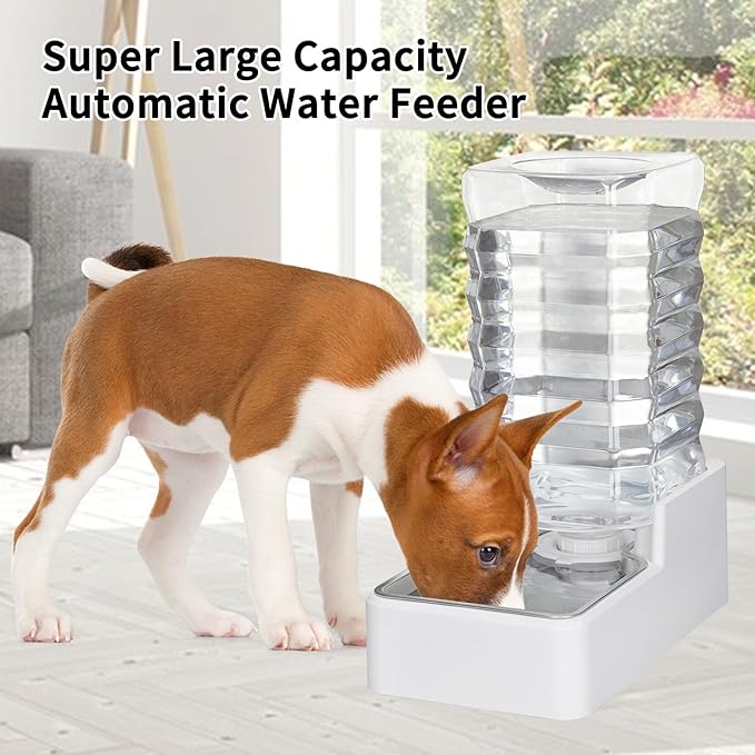 Automatic Pet Water Dispenser: 9L Gravity-Fed Stainless Steel Bowl - BPA-Free Large Capacity White Feeder for Dogs &amp; Cats - Indoor/Outdoor Use