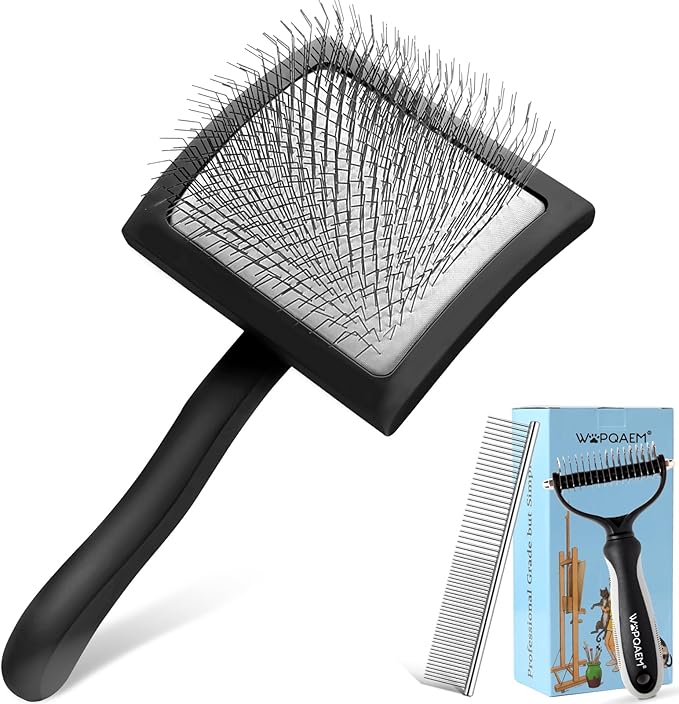 Slicker Brush for Dogs, Long Pin Dog Grooming Brush for Goldendoodles, Poodles, Doodles, Includes Pet Comb &amp; Undercoat Rake, Perfect for De-Shedding, Dematting &amp; Reducing Tangles. Large, Black