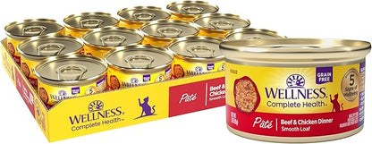 Wellness Complete Health Pate Adult Wet Cat Food, Natural, Protein-Rich, Grain Free, 3 Ounce, 24 Pack, (Beef &amp; Chicken)