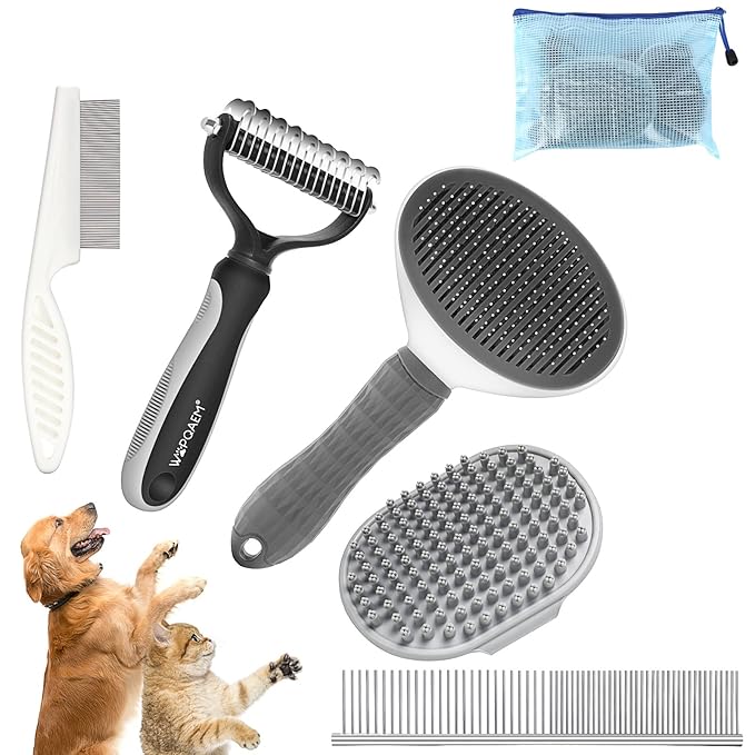 5 in 1 Dog Grooming Kit - Self-Cleaning Slicker Brush for Shedding Short Long Haired Dogs &amp; Cats, Includes Pet Comb, Flea Comb, Bath Brush, Undercoat Rake - Complete Fur Care Set - Gray