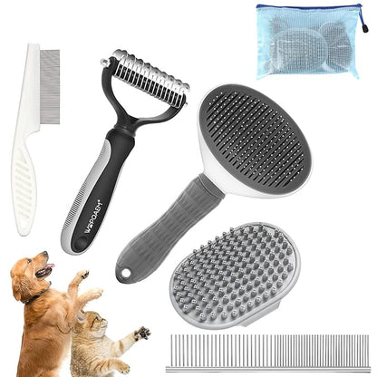 5 in 1 Dog Grooming Kit - Self-Cleaning Slicker Brush for Shedding Short Long Haired Dogs &amp; Cats, Includes Pet Comb, Flea Comb, Bath Brush, Undercoat Rake - Complete Fur Care Set - Gray
