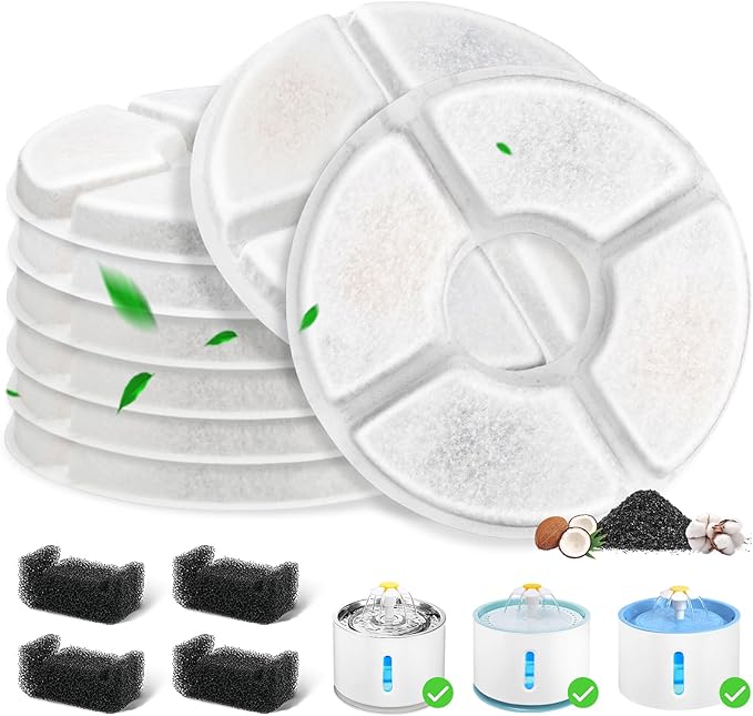 12 Pack Cat Water Fountain Filter, 8 Pcs Cat Fountain Filters Replacement &amp; 4 Pcs Pre-Filter Sponges for 81oz / 2.4L Round Automatic Pet Water Fountain Dog Dispenser, 3-Filtration System