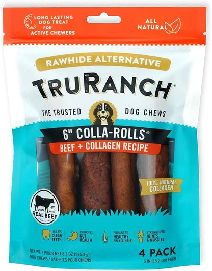 Collagen Rolls - 6" Collagen Rolls for Dogs - Long Lasting Healthy Joint Support Dog Treat - Rawhide Alternative - Skin &amp; Coat Health - Made with Real Beef, 1 Bag, 4 Count