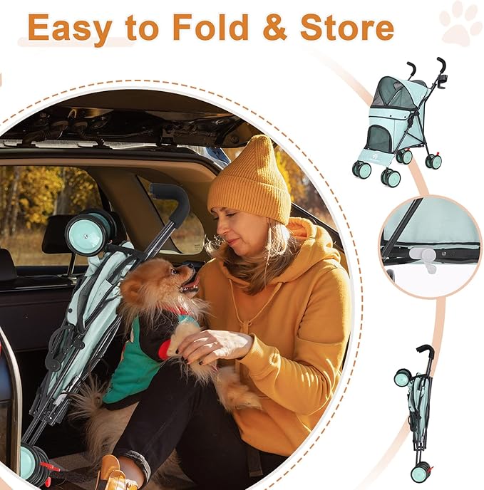 Umbrella Dog Stroller, 4 Wheels Pet Strolling, Foldable Carrier Pet Stroller for Small Dogs Cats, with Carrying Strap and Cup Holder, Dog Poop Bags &amp; Dispenser, Up to 33 lbs, Cyan