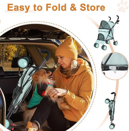 Umbrella Dog Stroller, 4 Wheels Pet Strolling, Foldable Carrier Pet Stroller for Small Dogs Cats, with Carrying Strap and Cup Holder, Dog Poop Bags &amp; Dispenser, Up to 33 lbs, Cyan