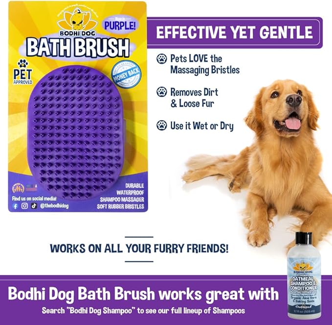 Bodhi Dog Shampoo Brush - Pet Grooming &amp; Bath Supplies for Dogs and Cats - Bath Brush for Long &amp; Short Hair - Premium Scrubber for Shower, Bathing &amp; Massage (One Pack, Purple)