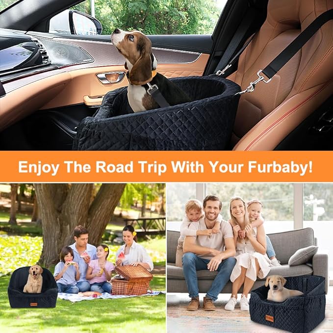 Vivifying Dog Car Seat for Small &amp; Medium Dogs, Detachable &amp; Washable Booster Seat for Pets Up to 30lbs, Travel Bed with Storage Pockets and Safety Belt – Black