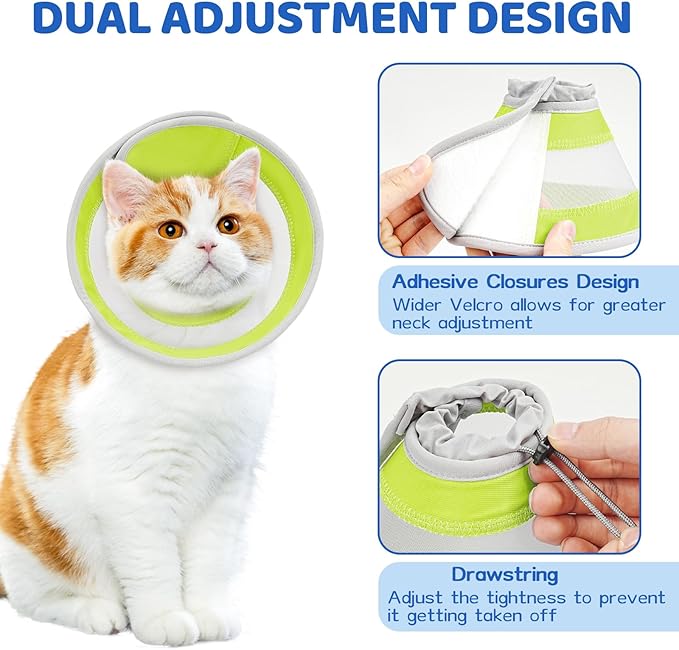 Breathable Air Mesh Cat Cone Collar Soft to Stop Licking, Adjustable, Foldable Lightweight Kitten Cones After Surgery Recovery for Cats &amp; Kittens (Yellow Green,L)