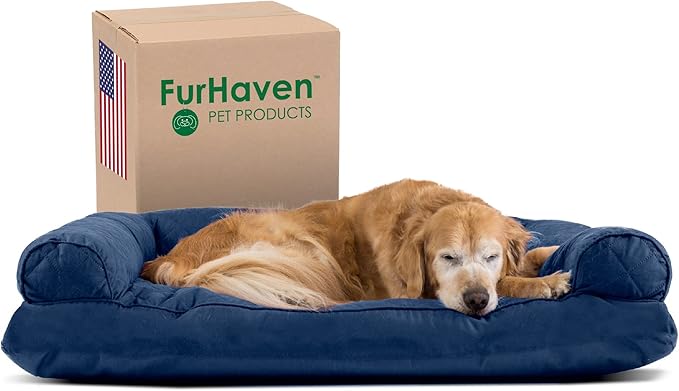 Furhaven Pillow Dog Bed for Large Dogs w/ Removable Bolsters &amp; Washable Cover - Quilted Sofa - Navy (Blue), Jumbo/XL
