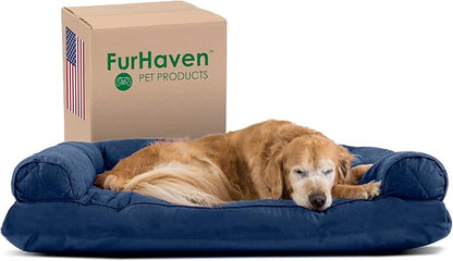 Furhaven Pillow Dog Bed for Large Dogs w/ Removable Bolsters &amp; Washable Cover - Quilted Sofa - Navy (Blue), Jumbo/XL
