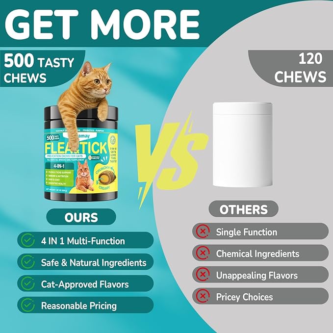 4-IN-1 Flea and Tick Prevention for Cats, 500 Crunchy &amp; Creamy Chews, Cat Flea Treatment, Natural Oral Flea Treatment for Cats, Daily Support for Flea, Immune, Skin &amp; Coat, Gut, Chicken Flavor