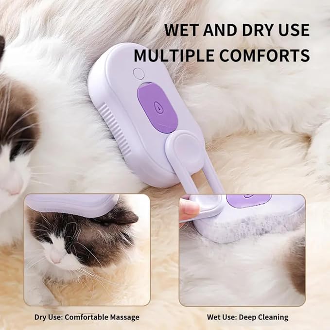 4 in 1 Cat Steam Brush Rechargeable pet spray comb Steam Brush for Cats and Dogs, Massage, Cleaning, Shedding &amp; Combing Multifunctional Hair Removal Anti Static Grooming Tool for home (Purple)