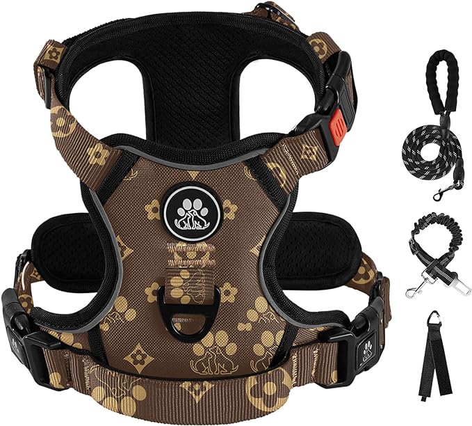 IVY&amp;LANE No Pull Dog Harness with Leash Set, Reflective No Choke Pet Vest,Adjustable Oxford Dog Vest Harness with Easy Control Handle for Large Dogs (Dark Brown,L)