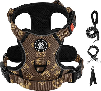 IVY&amp;LANE No Pull Dog Harness with Leash Set, Reflective No Choke Pet Vest,Adjustable Oxford Dog Vest Harness with Easy Control Handle for Small Dogs (Dark Brown,S)