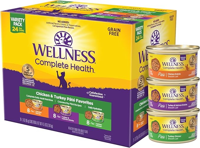 Wellness Complete Health Pate Adult Wet Cat Food, Natural, Protein-Rich, Grain-Free, 3 Ounce, 24 Pack, (Chicken &amp; Turkey Variety Pack)