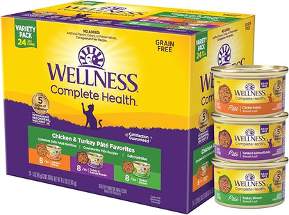 Wellness Complete Health Pate Adult Wet Cat Food, Natural, Protein-Rich, Grain-Free, 3 Ounce, 24 Pack, (Chicken &amp; Turkey Variety Pack)