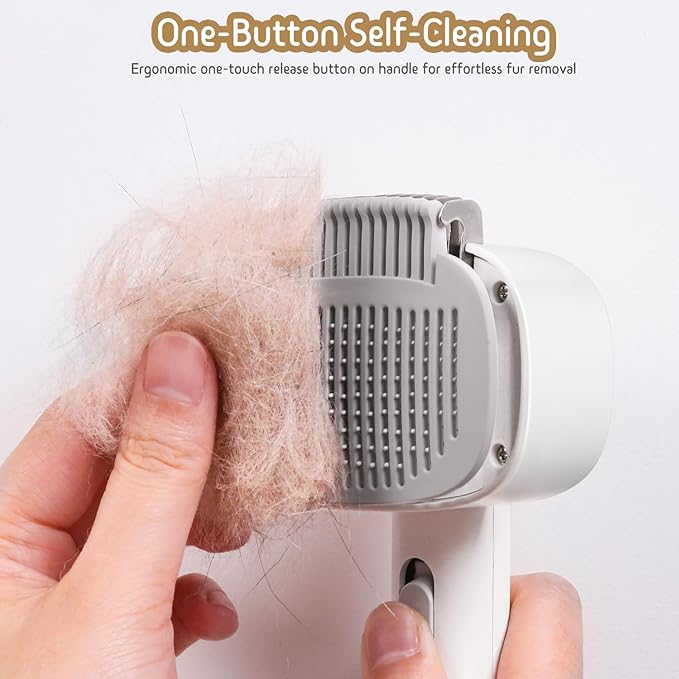 Self Cleaning Slicker Brush, 2-in-1 Cat Brush for Shedding, Skin Friendly Grooming Tool for Long &amp; Medium-Long Hair Pets, Adjustable Bristle Length with Dematting Comb for Cats, Dogs