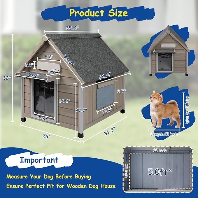 Outdoor Dog House Waterproof for Medium Small Dogs with Anti-Chewing Iron Frame, Adjustable Vent Window, Indoor &amp; Outdoor Doghouse Kennel Puppy Shelter, Easy Clean and Assemble (26" L*31.9" W*32" H)