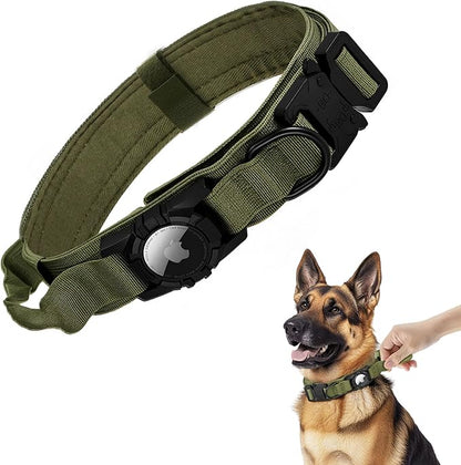 Tactical AirTag Dog Collar - Heavy Duty, Adjustable GPS Collar Compatible with Apple AirTag, with Holder &amp; Control Handle for Medium/Large Dogs [ Green, XL ]