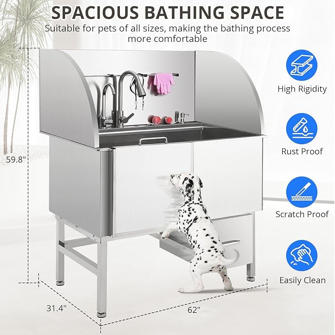 Professional Dog Grooming Tub, 62" Stainless Steel Dog Wash Station with Foldable Ramp, Storage Drawer, Floor Grate &amp; Faucet/Dog Bathtub for Large, Medium &amp; Small Pets - Left Door (62")
