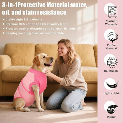Idepet Dog Recovery Suit Female,Dogs Onesie Suit Surgery Male Breathable Pet Bodysuit for Spay Neuter E-Collar &amp; Cone Alternative Surgical Suit Puppy Abdominal Anti Licking Wounds Shirt (Pink, XL)