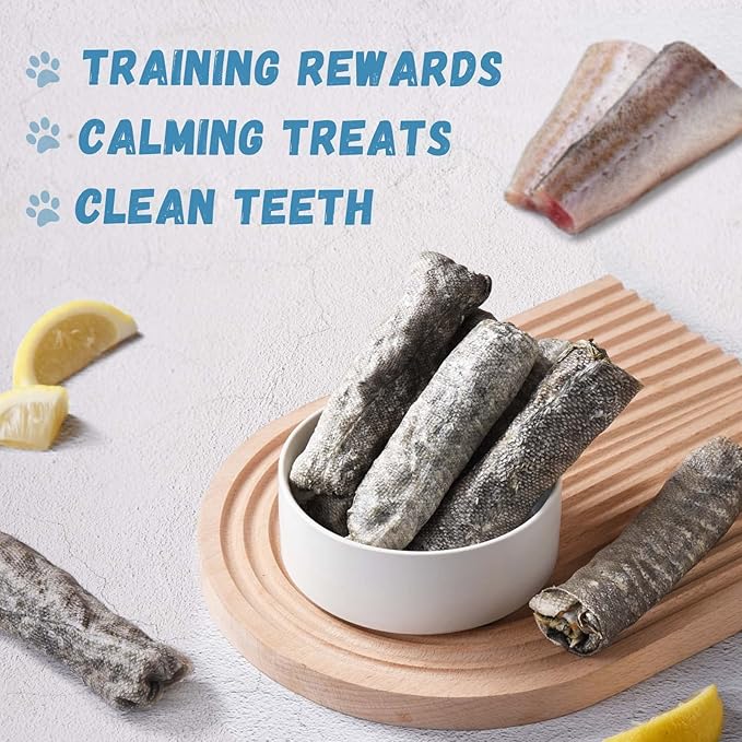 Dog Treats Natural Cod Skin Rolls, Rawhide-Free Chewy Fish Skin Dog Chews, One-Ingredient Healthy Training Treats Rich in Omega3 &amp; Protein, 10.6 oz