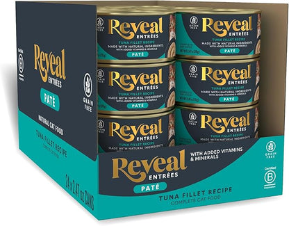 Reveal Entrées Natural Wet Cat Food Paté, Grain-Free with Added Vitamins &amp; Minerals, Carrageenan-Free Tuna Fillet Paté Recipe (24 x 2.47 oz Cans)