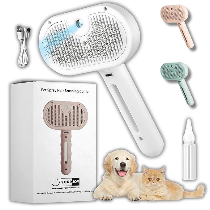 4 in 1 Cat Steam Brush: steam brush for cats, Grooming, Shedding, Mist Spray, Hair Removal Comb &amp; Massager, USB Rechargeable Self Cleaning cat steam brushes for indoor cats - White