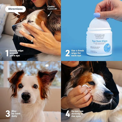 Veterinary Formula Smart Coat Complex Tear Stain Wipes for Dogs &amp; Cats, 100 ct – Gently Wipe Away Debris and Clean Stains Around The Eyes of Pets, Fragrance-Free and Pre-Saturated