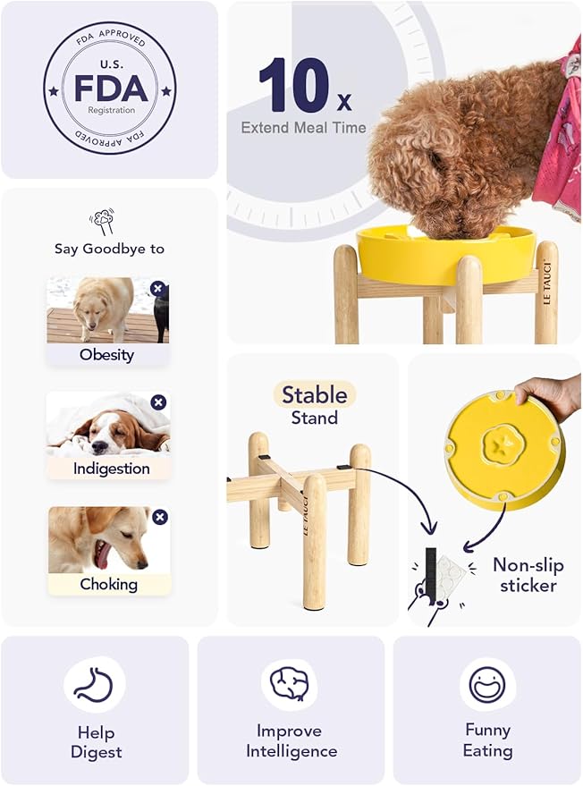 LE TAUCI Ceramic Slow Feeder Puzzle Bowl Elevated 1.5 Cup with Wooden Stand for Small &amp; Medium Dog, Fast Eater Food Bowl, Star Yellow