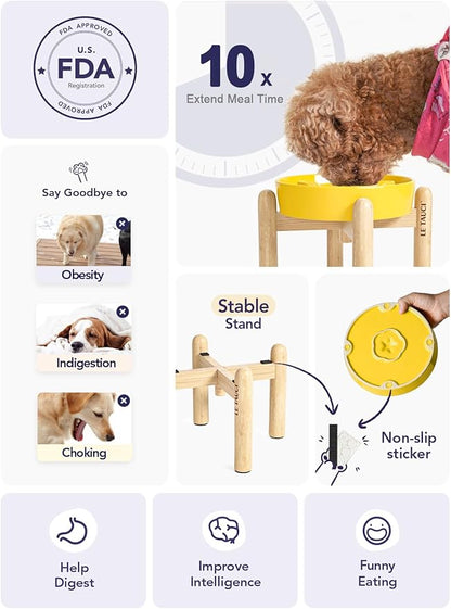 LE TAUCI Ceramic Slow Feeder Puzzle Bowl Elevated 1.5 Cup with Wooden Stand for Small &amp; Medium Dog, Fast Eater Food Bowl, Star Yellow