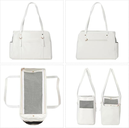 Dog Carrier Purse, Fashion Leather Pet Carrier with Pockets, Airline Approved Soft Sided Dog Carrying Bag for Puppy Cat Dog White