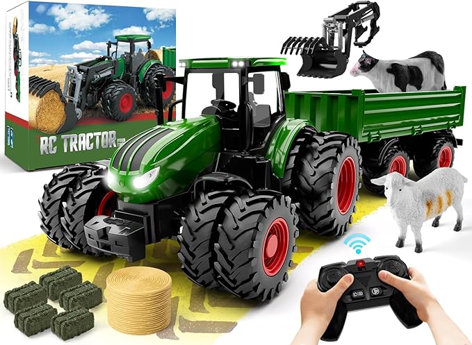 Remote Control Tractor Toy, Kids RC Tractor Set &amp; Truck and Trailer Front Loader - Metal Car Head/8 Wheel/Light, Toddlers Farm Vehicle Toys for 3 4 5 6 7 8 9 Year Old Boys Girls Birthday Gift