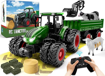 Remote Control Tractor Toy, Kids RC Tractor Set &amp; Truck and Trailer Front Loader - Metal Car Head/8 Wheel/Light, Toddlers Farm Vehicle Toys for 3 4 5 6 7 8 9 Year Old Boys Girls Birthday Gift