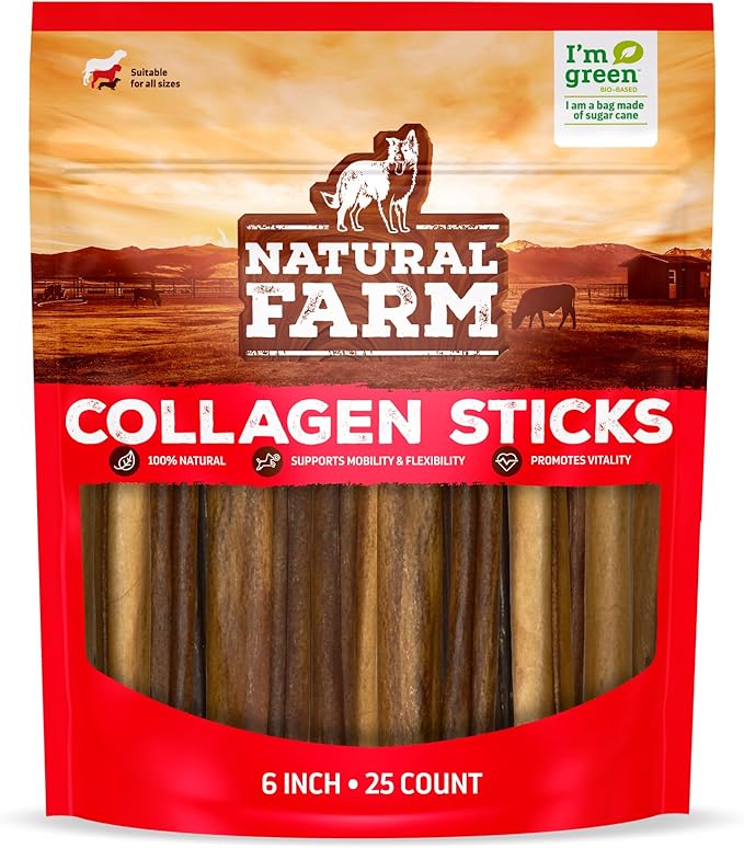 Natural Farm Collagen Sticks for Dogs (6 Inch, 25 Pack), Odor-Free Long Lasting Chews &amp; Rawhide Alternative - 95% Collagen, Low Fat, High Protein - Best Dental Dog Treats - Medium &amp; Large Dogs
