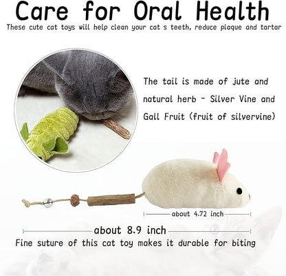Cat Toys for Indoor Cats, 3Pcs Large 8.9" Plush Mouse Kitten Toys with Bell Tail Sound, Organic Catnip with Silvervine, Individually Packaged Dental Chew Matatabi for Exercise &amp; Oral Health